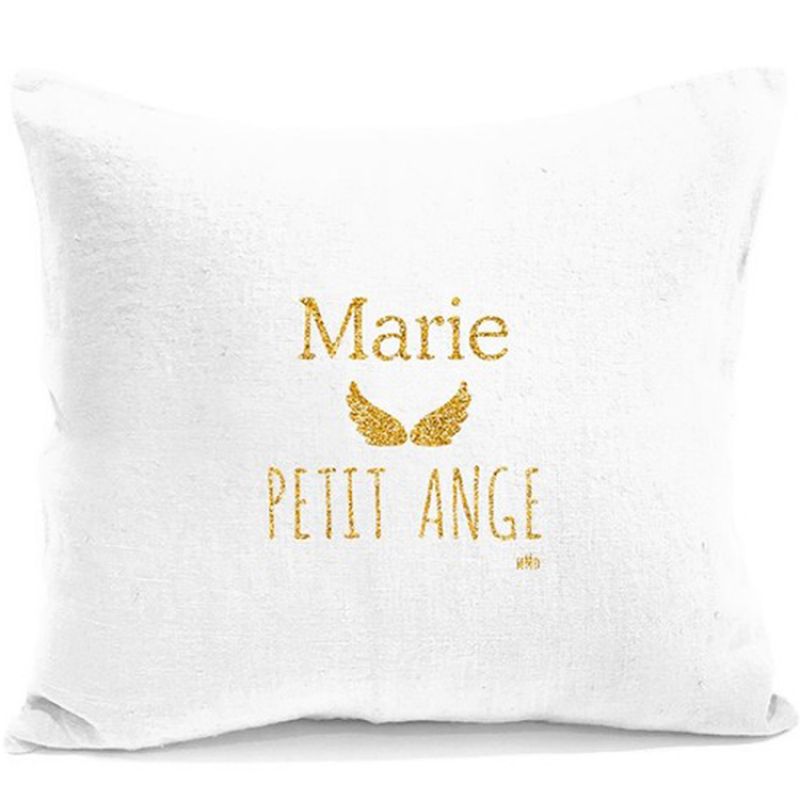 Coussin carré Petit Ange blanc et or (personnalisable) Mes Mots Déco